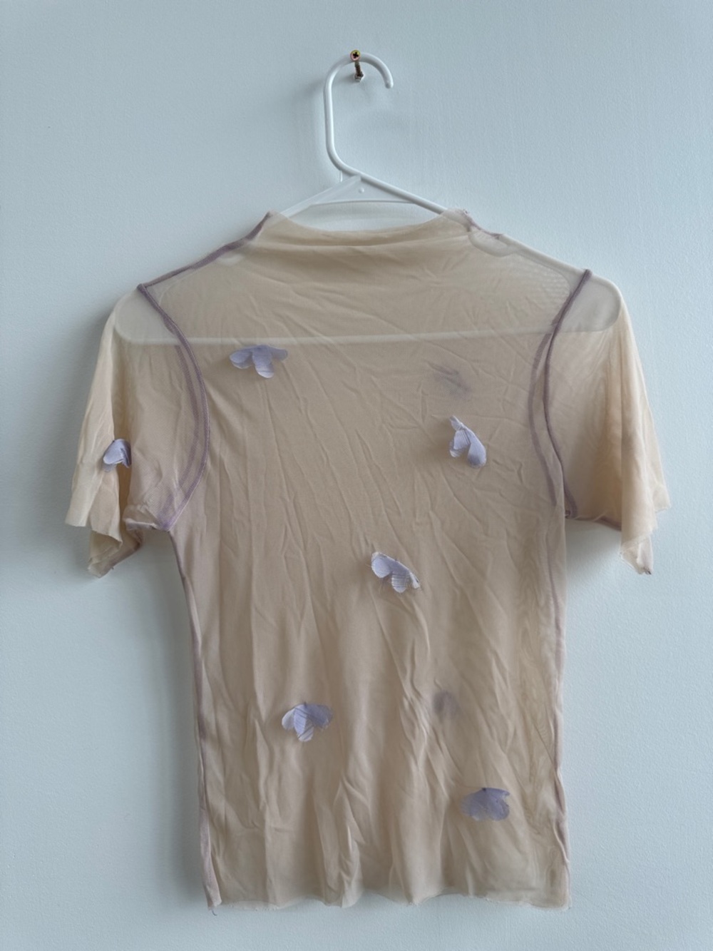 Sheer Beige Short-Sleeve Mesh Top with Lilac Appliqués